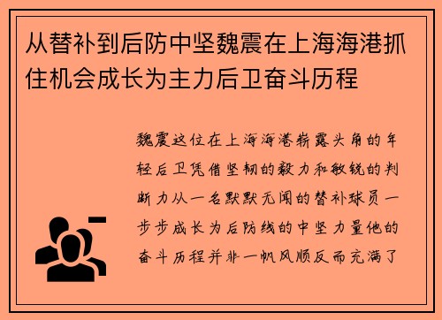 从替补到后防中坚魏震在上海海港抓住机会成长为主力后卫奋斗历程